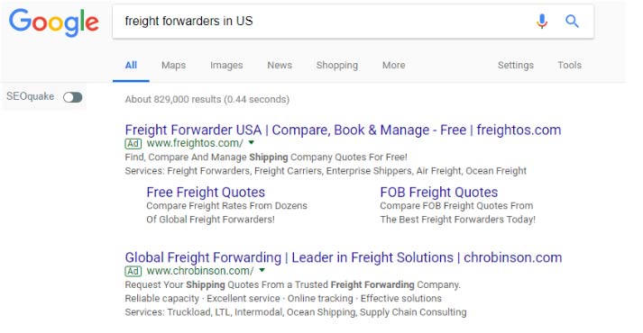 Searching for the U.S. freight forwarder on Google