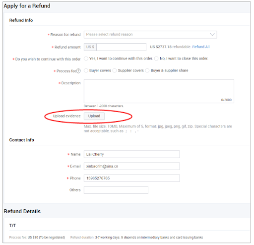 apply for refund on Alibaba