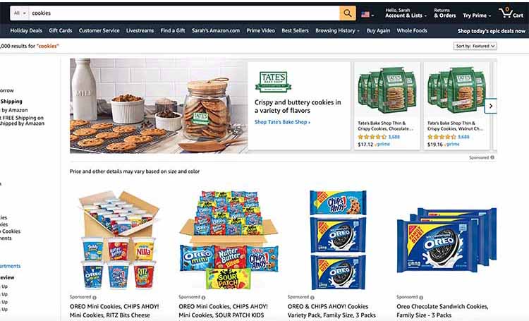 search results page for search term “cookies” on Amazon