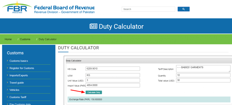 click on the Calculate Duty button.