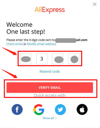 aliexpress signing up step - Verification-code