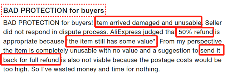 aliexpress review - bad protection for buyers