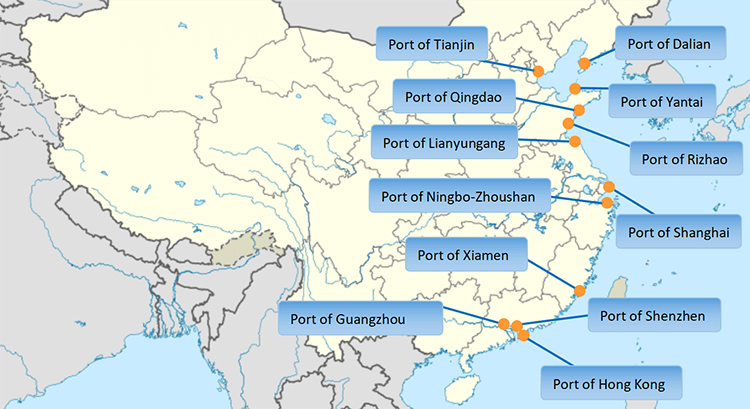 Карта китая порты морские