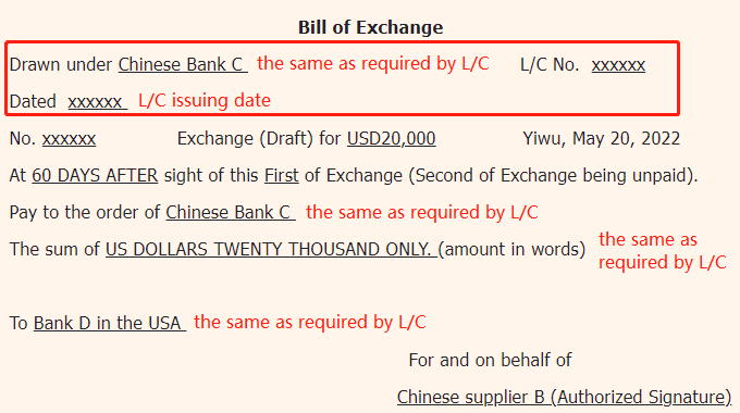 bill of exchange format under letter of credit