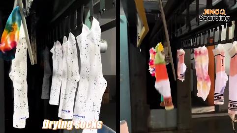 Socks are put into a hot drying oven