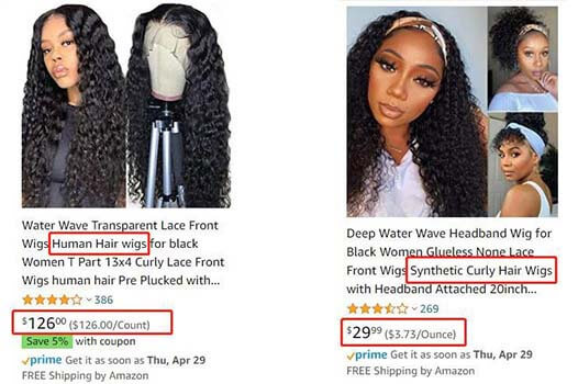 Price comparison for synthetic hair and human hair wig on Amazon