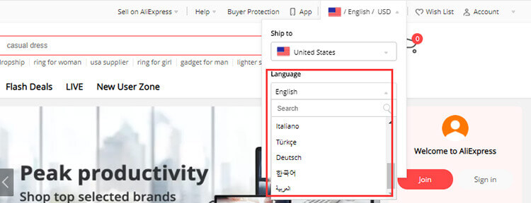 Aliexpress available language