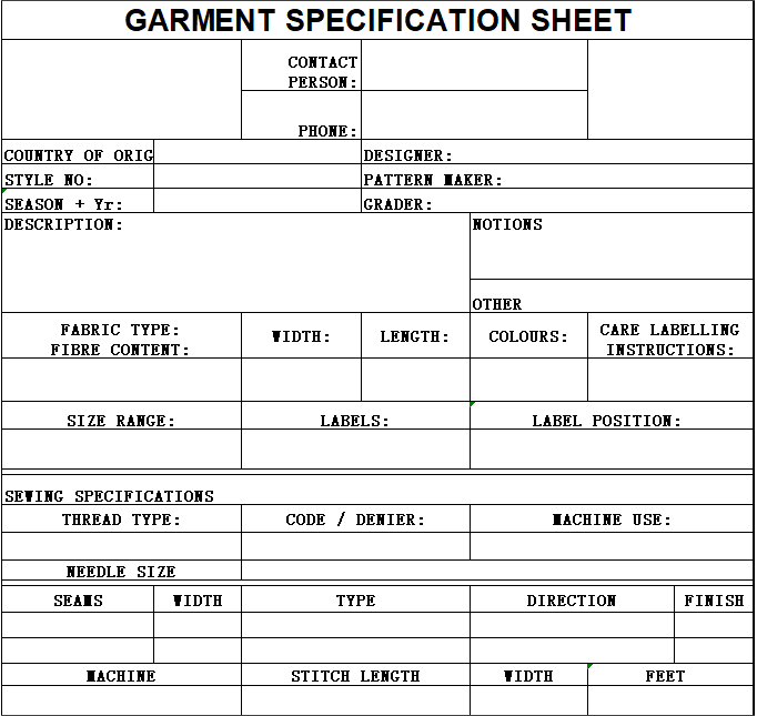 template of a garment spec sheet
