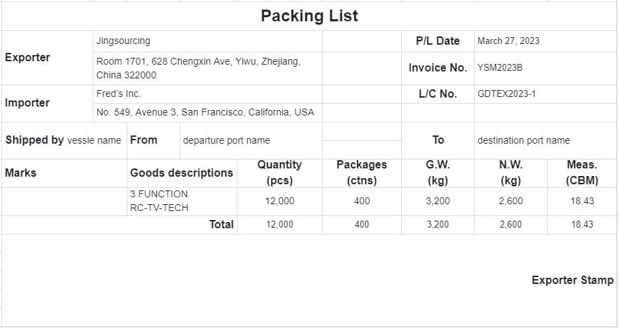 shipment packing list example