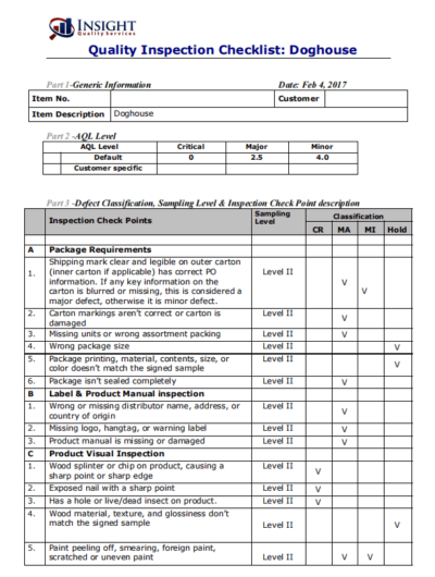 1st page of a QC checklist template