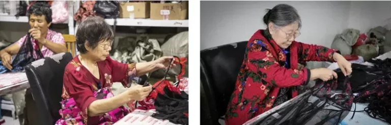 older Chinese women do lingerie handwork