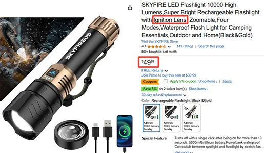 Skyfire flashlight on Amazon