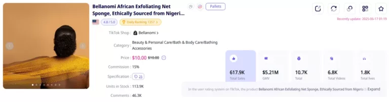 Sales data of the startup selling African sponge net