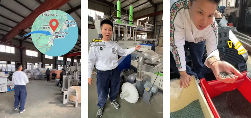 Jingsourcing Agent Karen Inspecting the compact Pelletizer machine