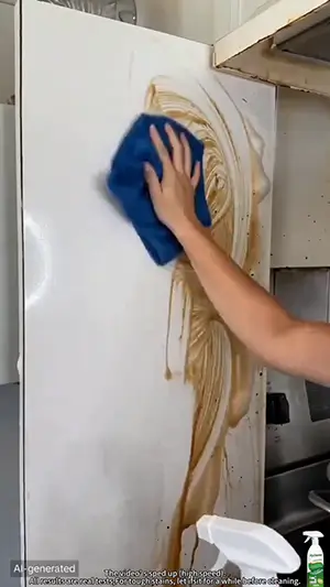 AI-generated grease-covered kitchen scene cleaning