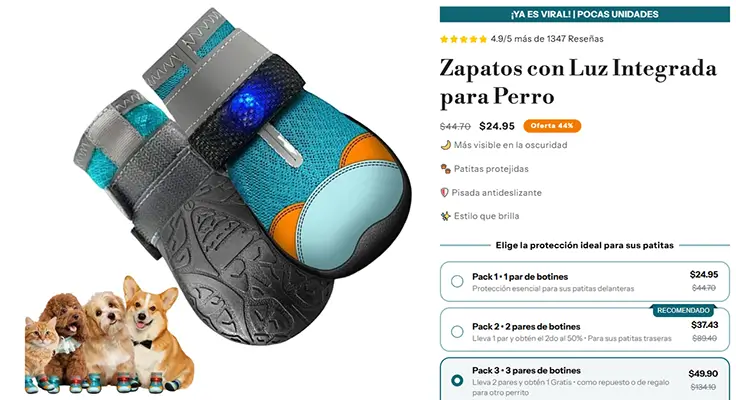 LED dog shoe product page